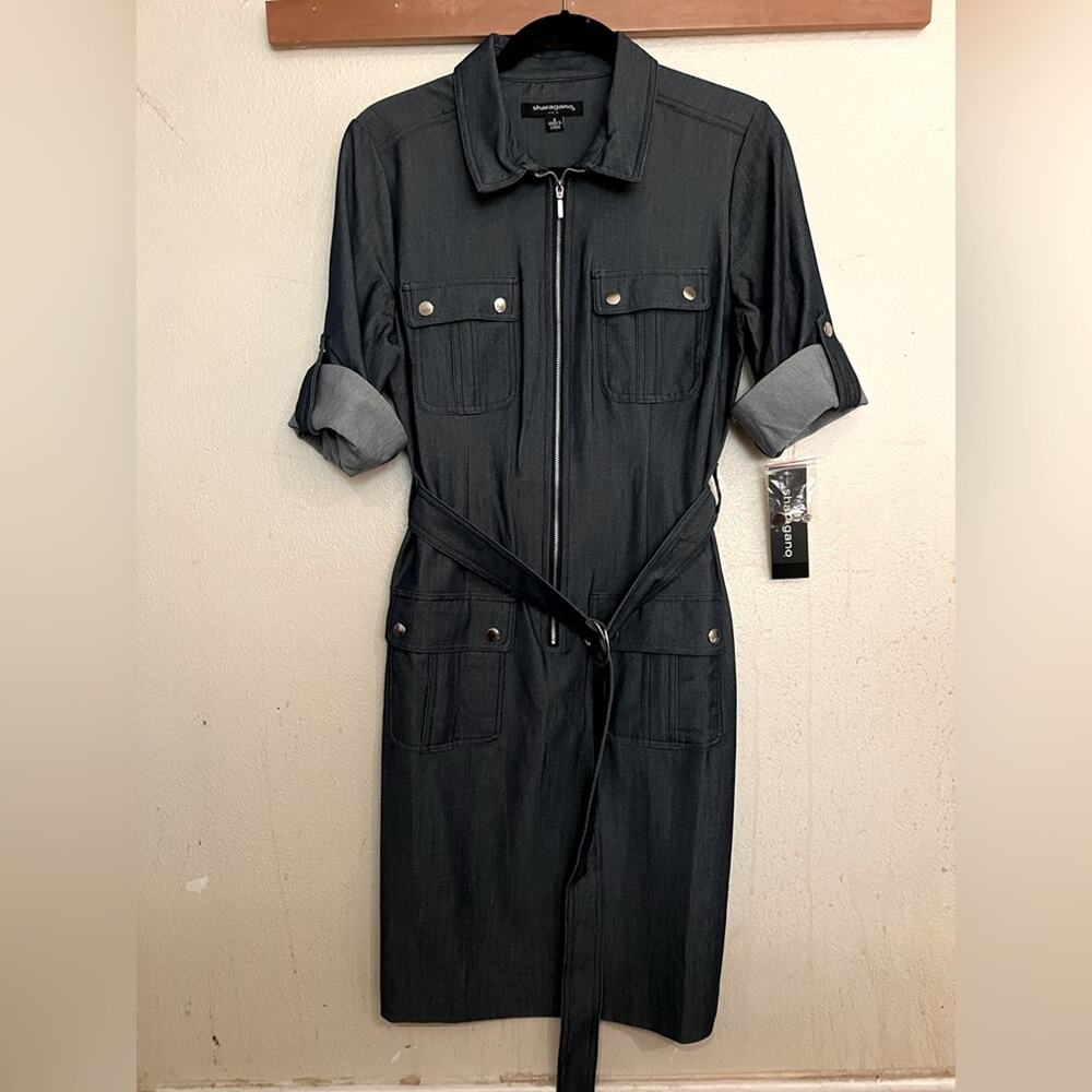 NWT Sharagano Stretch Navy Denim Style Midi Dress Size 8 - Picture 3 of 16